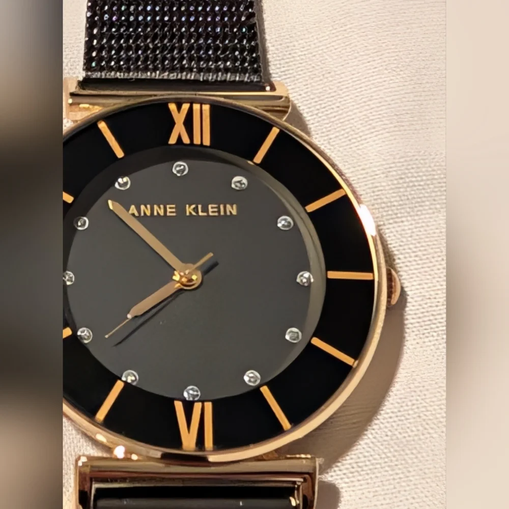 Anne Klein Gold and Black Round Dial Crystal Accent Watch